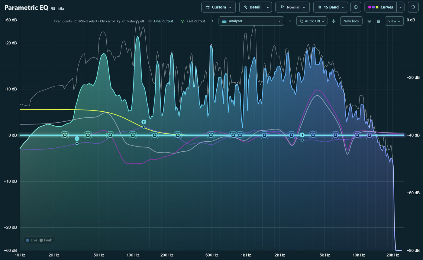 FluidEQ analyzer view: EQ curves drawn over the live frequency spectrum