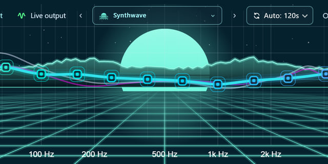FluidEQ Synthwave look: the EQ curve over a neon grid and setting sun