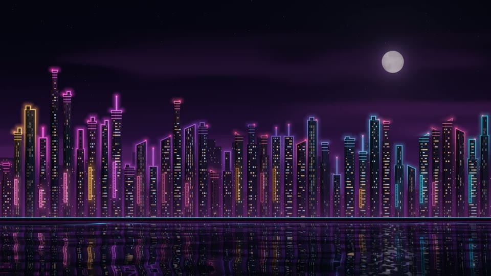 FluidEQ Neon City scene: a neon skyline reflected in water